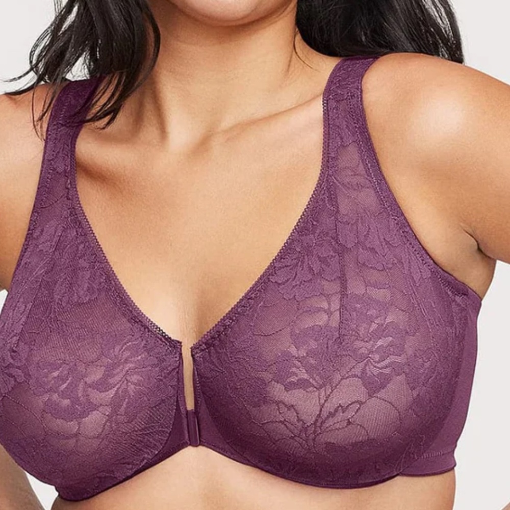 WonderWire Front-Close Stretch Lace Bra:  34C Eggplant and Beige bras